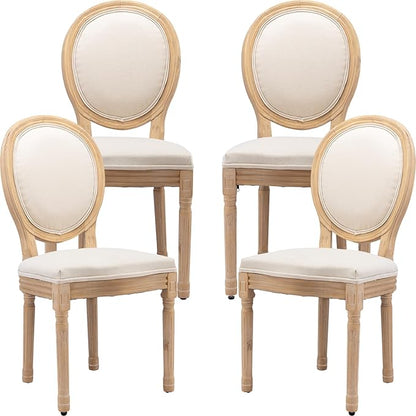 Vintage French Dining Chairs Set of 4, Round Back Accent Chairs with Linen Seat and Solid Wood Frame, Farmhouse Sillas de Comedor Upholstered for Dining Room & Kitchen, Beige