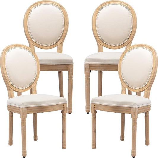 Vintage French Dining Chairs Set of 4, Round Back Accent Chairs with Linen Seat and Solid Wood Frame, Farmhouse Sillas de Comedor Upholstered for Dining Room & Kitchen, Beige