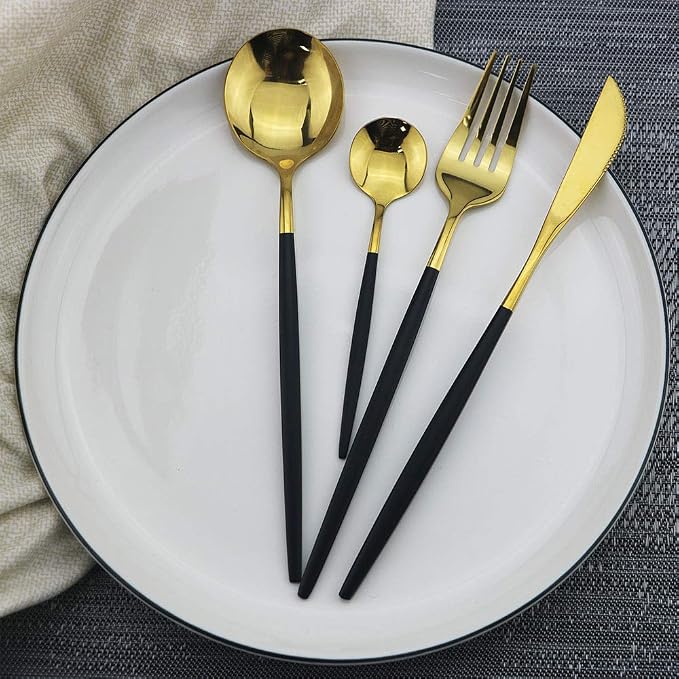 Black Gold Silverware Set, JASHII 30-Piece Stainless Steel Satin Finish - Image 2