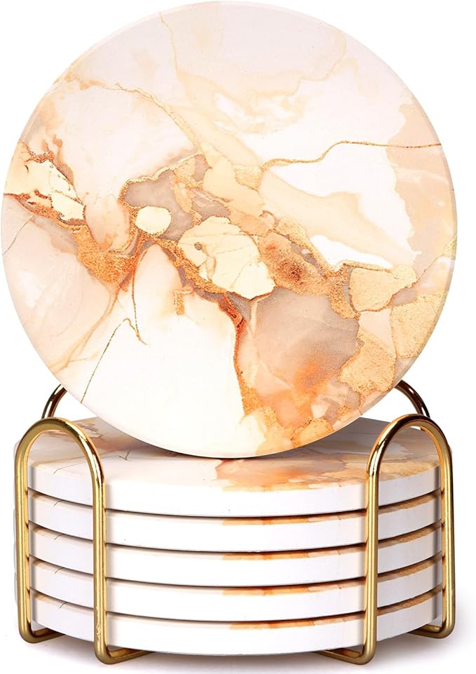 6 Pcs Gold Marble Abstract Ceramic Coasters by Dksyee