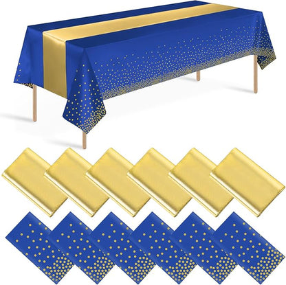 12 Pack Blue and Gold Tablecloth and Table Runner Party Decorations, Royal Blue by Zachely