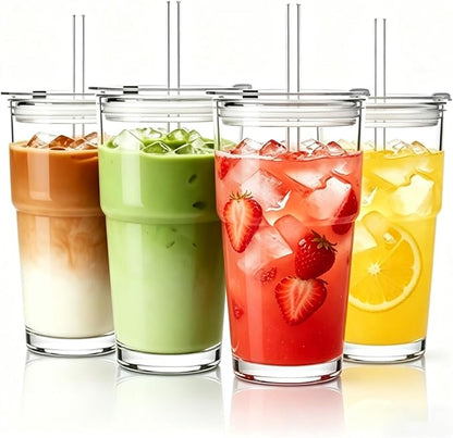20 oz Glass Tumbler with Straw and Lid, 4 Pack Clear Iced Coffee Cups with Lids by MINGHYZYA