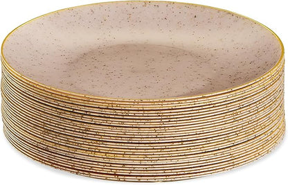 PLASTICPRO 30 Pack Disposable Plastic Plates Heavyweight Granite Look Elegant 7 inch Dinner Plates Pink with Gold Rim