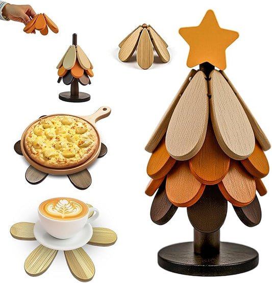 Wooden Trivets for Hot Dishes, Wooden Tree Trivet Set, Natural Tree Trivet Set - Foldable Wooden Tree Coasters for Kitchen Counter, Hot Pots and Pans, Heat Resistant Table Protectors