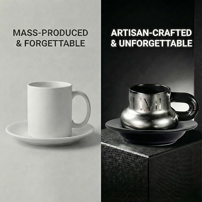 Volcanic Ash Titanium Finish Coffee Mug and Saucer Set | Modern Sculptural - Image 4