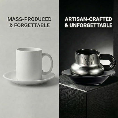 Volcanic Ash Titanium Finish Coffee Mug and Saucer Set | Modern Sculptural - Image 4