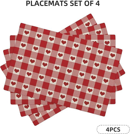 Valentines Placemats Set of 4 Red Pink Love Heart Buffalo Plaid Decor Place Mats 12x18 Inch Gingham Anniversary Wedding Holiday Linen Table Mats for Home Kitchen Dining Party Table Decoration