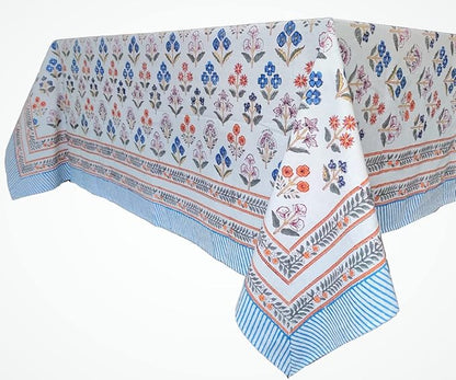 ATOSII Flora Bloom 100% Cotton Rectangle Summer Tablecloth, Block Print Floral Table Cloth Linen for Kitchen Dining I Parties Wedding Outdoors I Home Decor 60 X 108 Inches I 8 Seater I Memorial Day