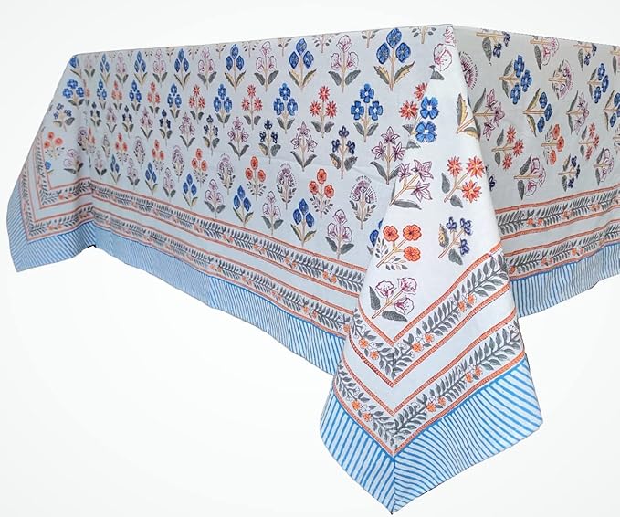 ATOSII Flora Bloom 100% Cotton Rectangle Summer Tablecloth, Block Print Floral Table Cloth for Dining Parties Wedding Outdoors I Grand Millennial Home Decor 60 X 90 Inches I 6 Seater I Memorial Day