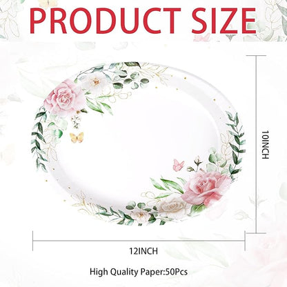50Pcs Spring Floral Oval Paper Plates 10"x12" Large Disposable Watercolor Eucalyptus Leaf Dinner Platters Heavy Duty Sage Greenery Pink Flower Plates for Summer Baby Shower Bridal Shower Wedding Decor