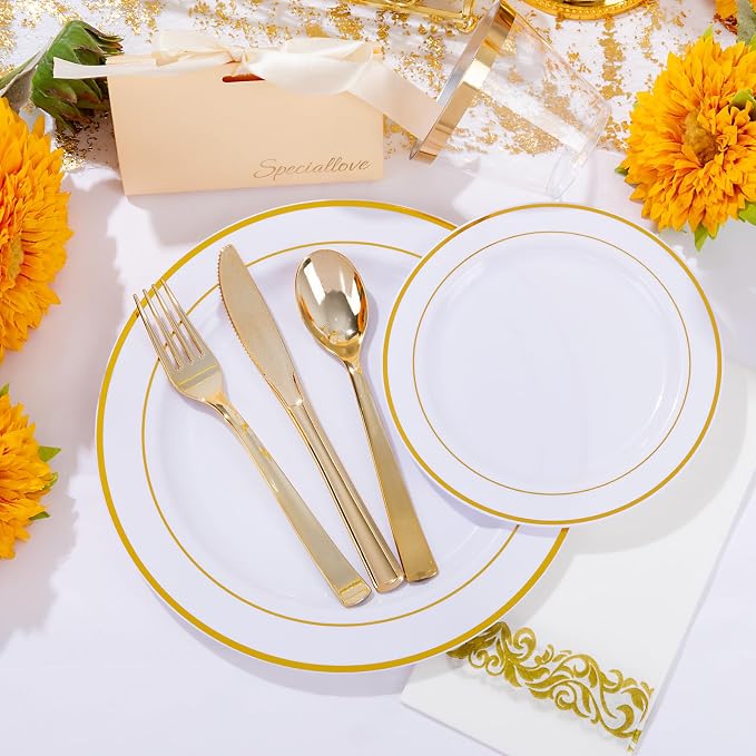 WELLIFE 700 Pieces Gold Plastic Dinnerware Set - Image 4