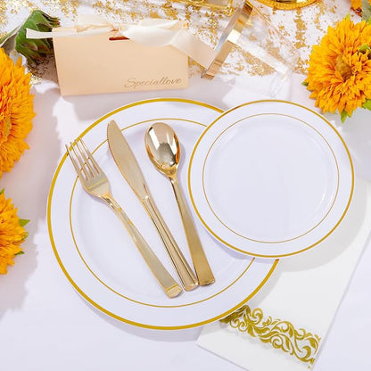 WELLIFE 700 Pieces Gold Plastic Dinnerware Set - Image 4