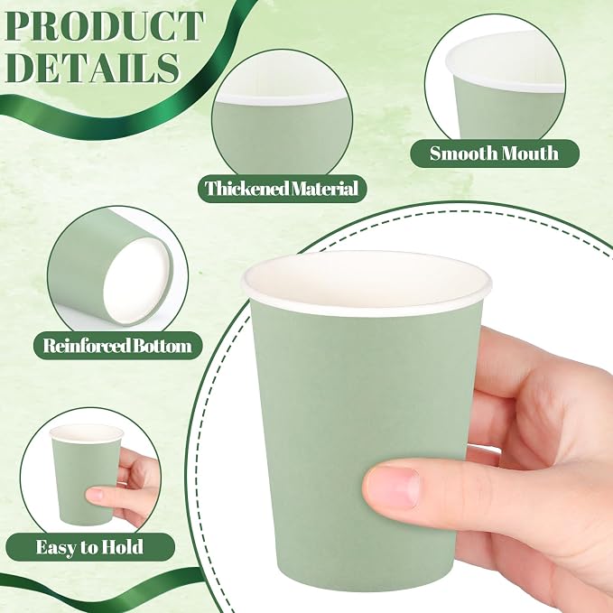 NatNarr 100 Pack Sage Green Paper Cup, 9oz Sage Green Baby Shower Cups | - Image 4