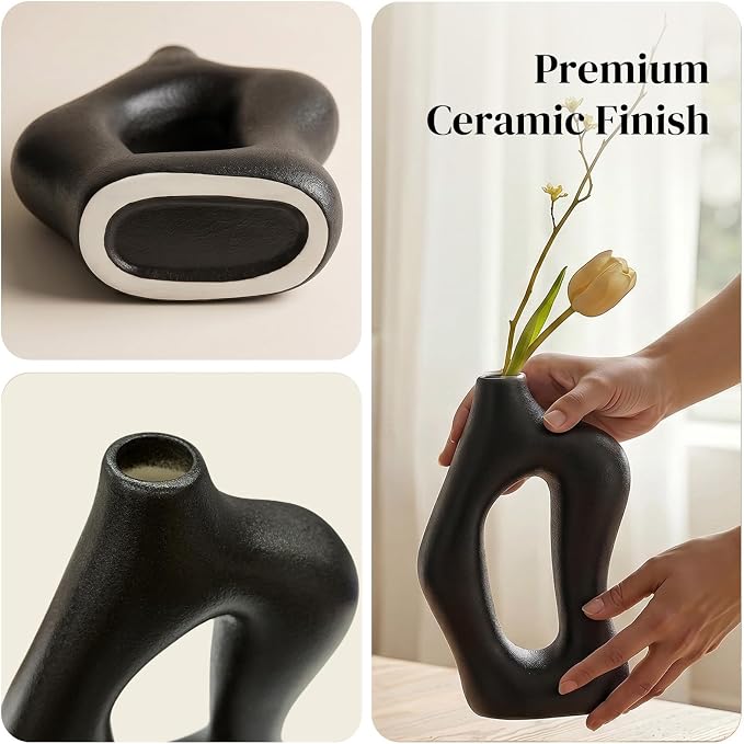 Dowan Black Vases for Decor, Hollow Ceramic Vase Set of 2, 8.3" Nordic Modern - Image 3