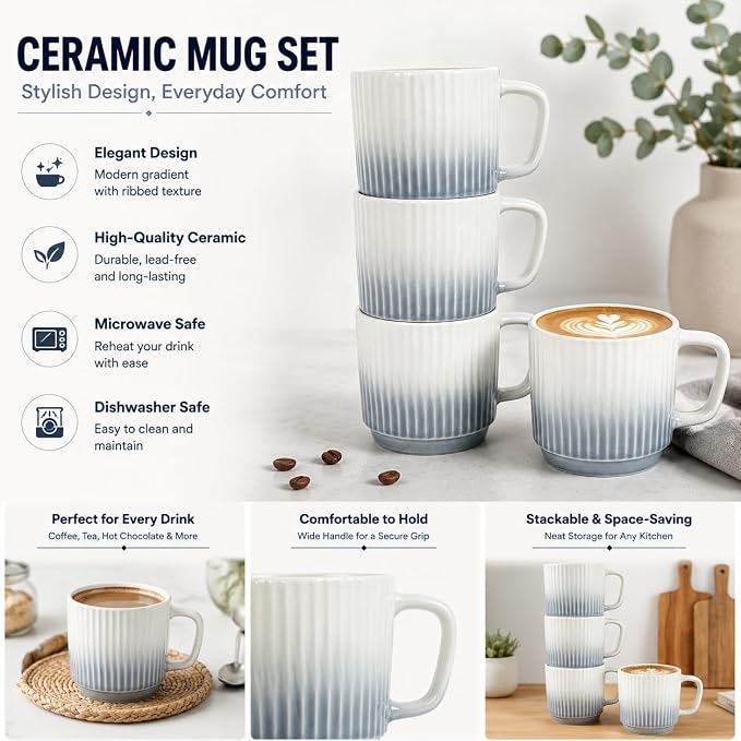 8 oz Stackable Coffee Mugs Set of 4, Ceramic Coffee Mug Cappuccino Cups | - Image 3