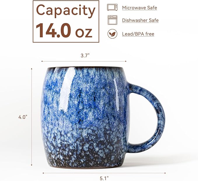Sakura Blue Reactive Glaze Ceramic Coffee Mug - 14 oz Unique Mug - Image 3