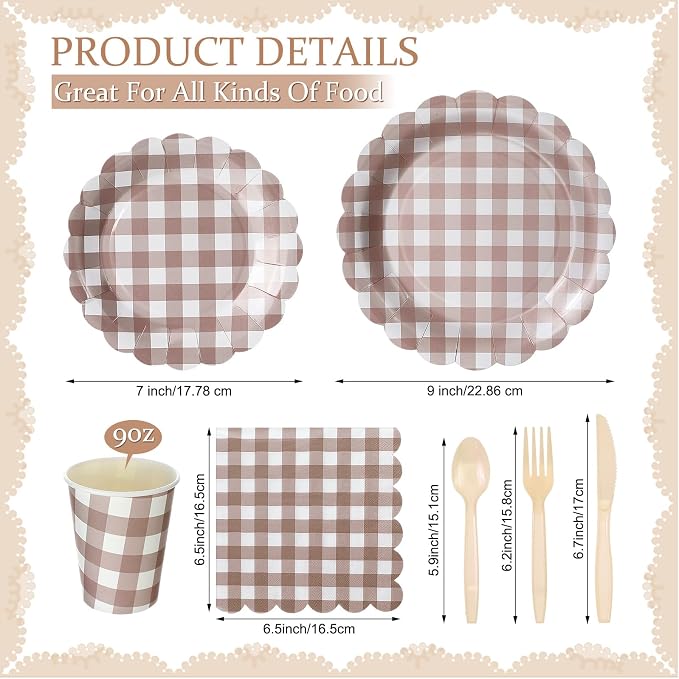 Yaomiao 168 Pcs Gingham Plates and Napkins Beige Plaid Disposable Dinnerware - Image 2