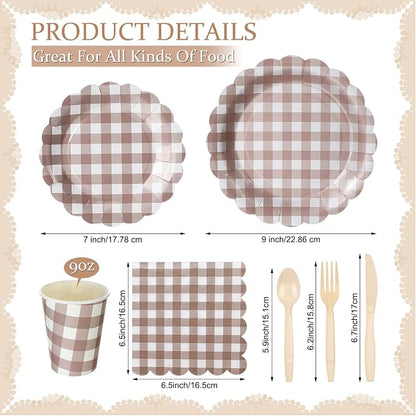 Yaomiao 168 Pcs Gingham Plates and Napkins Beige Plaid Disposable Dinnerware - Image 2