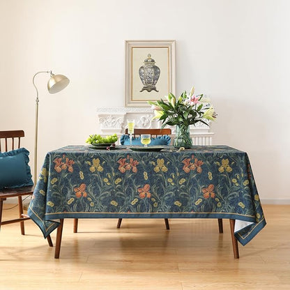 patdrea Designer Dark Blue Linen Rectangle Tablecloth,Vintage French Rustic Floral Pattern Tablecloths,Decorative Table Cover Cloth for Kitchen,Dining,Tea Party,Home,Christmas,63"*102"