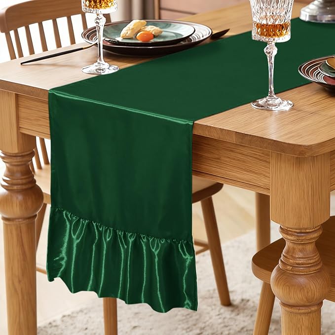 2 Pack Dark Green Satin Table Runner 12 x 108 Inch | Ruffle Design, Luxurious - Image 2