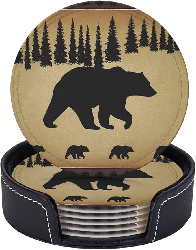 Polar Bear Pine Tree Premium Leather Coasters Set of 6 by LRCCJS