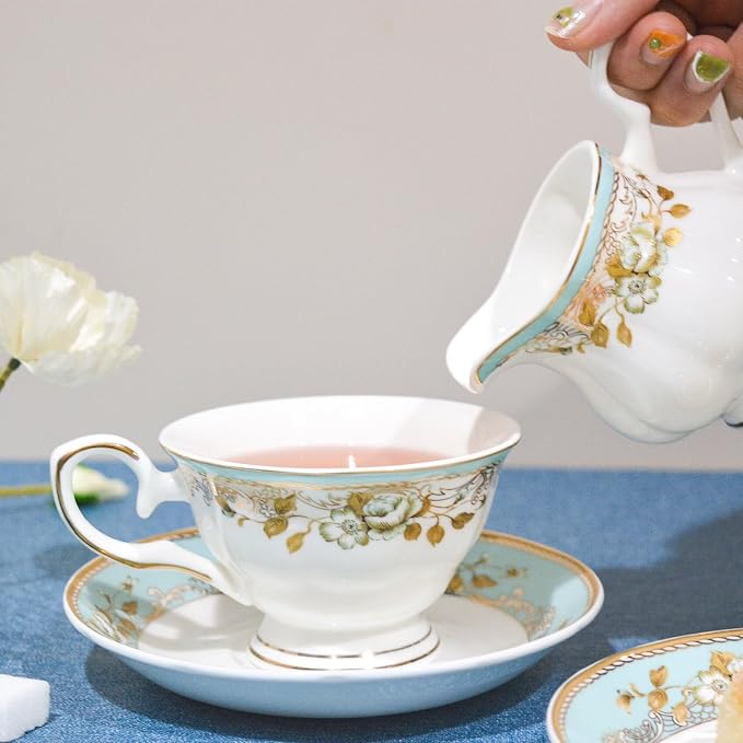 Bone China Tea Set, 21-Pieces Porcelain Tea Set - Image 4