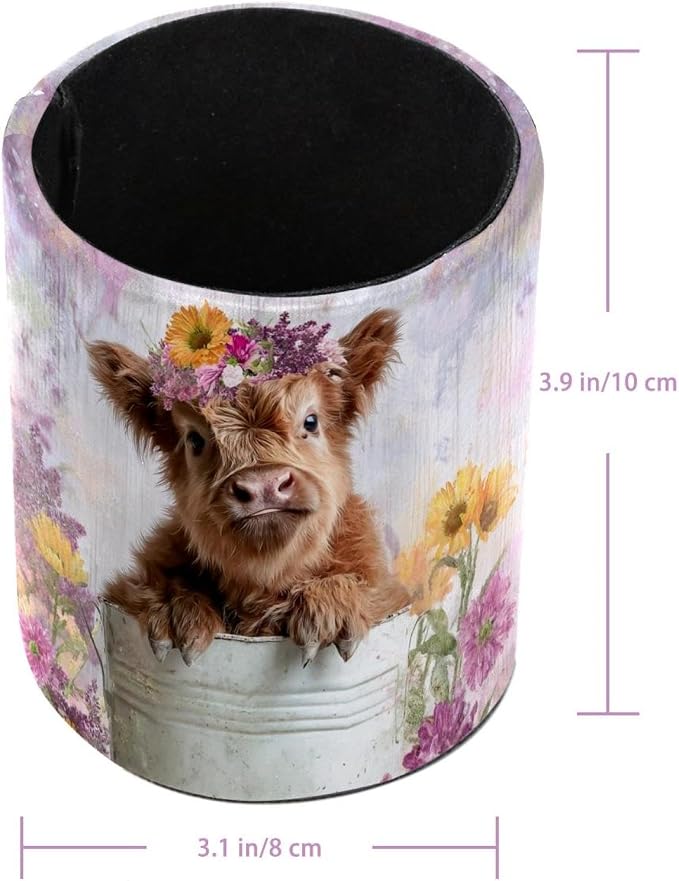 Leather Pen Holder for Desk, Highland Cow Purple Flower Pencil Cup Pen - Image 3