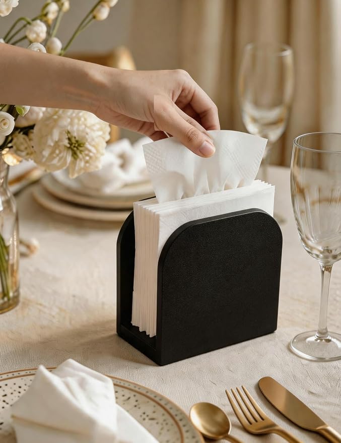 Napkin Holder for Table Stable Standing Napkin Dispenser Natural Bamboo Black - Image 2