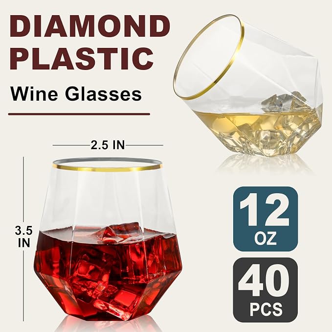 Goodluck 40PCS 12oz Diamond Stemless Plastic Wine Whiskey Glasses, Suitable - Image 2