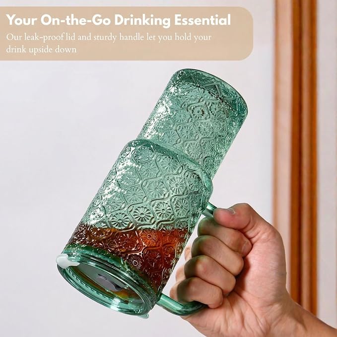 20 oz Green Glass Tumbler with Lid and Straw, Glass Iced Coffee Cups, - Image 5