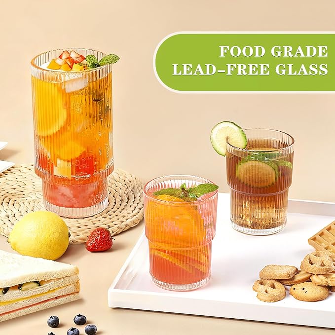 Ribbed Drinking Glasses Set of 4, Stackable Cute Kitchen Glasses Cups 16oz and - Image 4