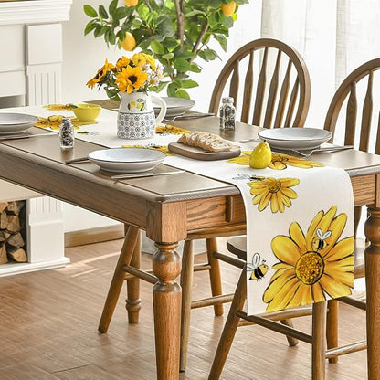Artoid Mode Beige Bee Sunflower Table Runner, Seasonal Spring Summer Flowers - Image 4