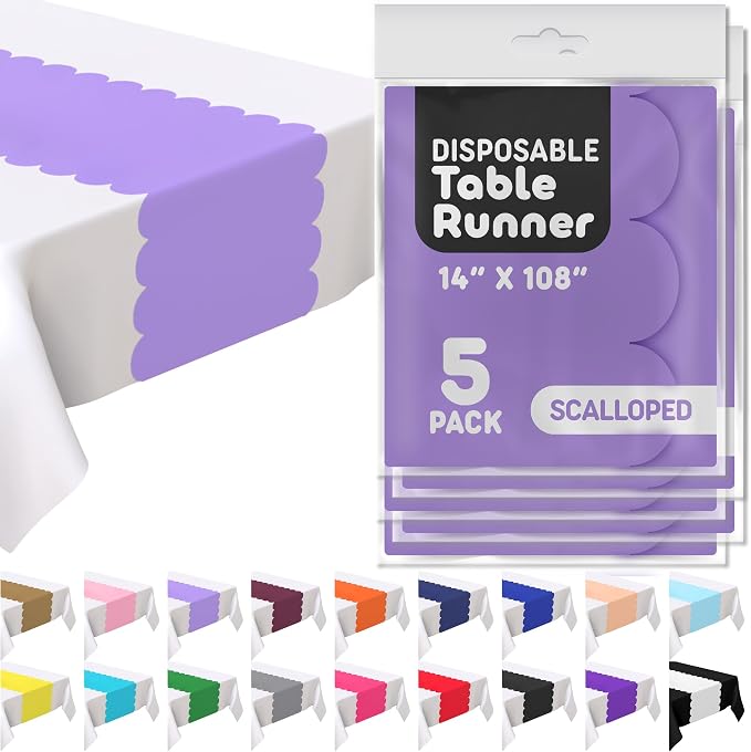 Lavender Plastic Disposable Table Runner. 5 Pack 14 x 108 inch. Scallop Table - Image 7