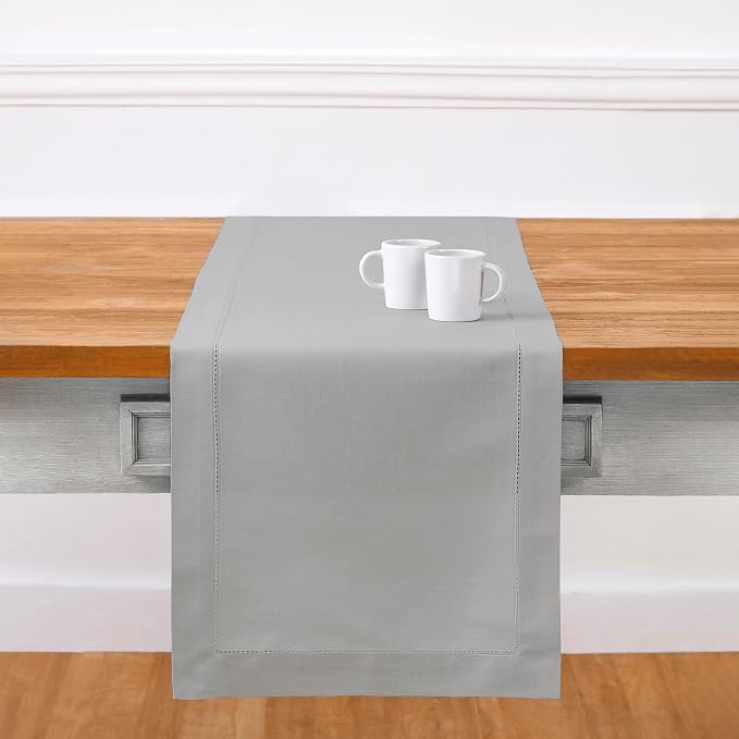 Solino Home Cotton Linen Dining Table Runner Grey Hemstitch, 14 x 132 in | by SolinoHome
