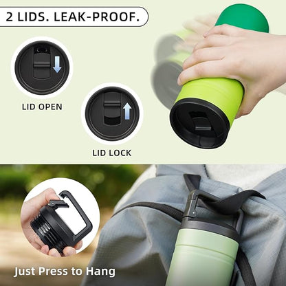 BJPKPK Insulated Water Bottle with 2 Lids,20 oz Double Wall Stainless Steel Vacuum Tumbler Travel Coffee Mug,Wide Mouth Thermal Cup,Matcha Green
