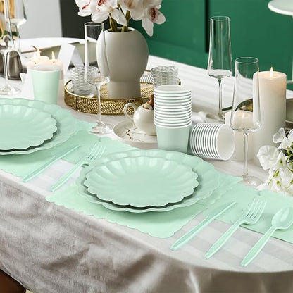 350 Pcs Light Green Scalloped Paper Plates Shell Edge Disposable Tableware Cocktail Napkins Cups Plastic Spoons Forks Knives for Wedding Baby Shower Picnic Birthday Party Supply for 50 Guests