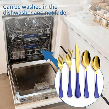 20-Piece Blue & Gold Silverware Set, 18/0 Stainless Steel Colorful Handle Flatware Set,Service for 4,Modern Cutlery Set Includes Dinner Knives Forks Spoons,Mirror Polished,Dishwasher Safe