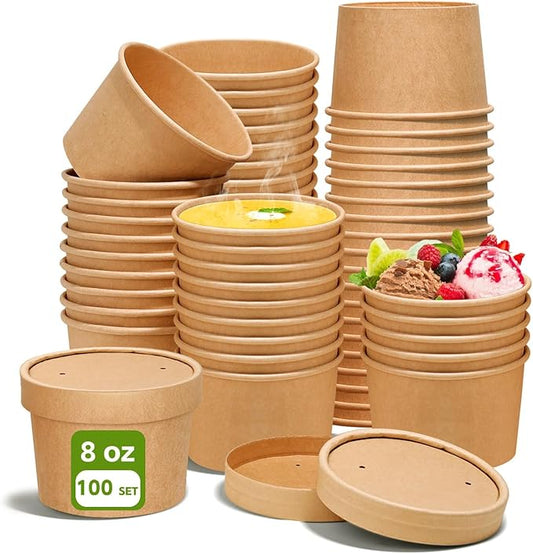 DI QIU REN 8oz Paper Soup Container Cup with Vented Lids, Disposable Paper Food Container Kraft Dessert Bowl Soup Bowls, Microwavable and Freezer Safe for Hot Soup, Ice Cream (100 Pcs - Kraft, 8 oz)