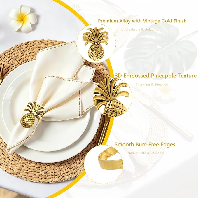 Gold Pineapple Napkin Rings Set of 12 Tropical Fruit Napkin Holders - Image 5