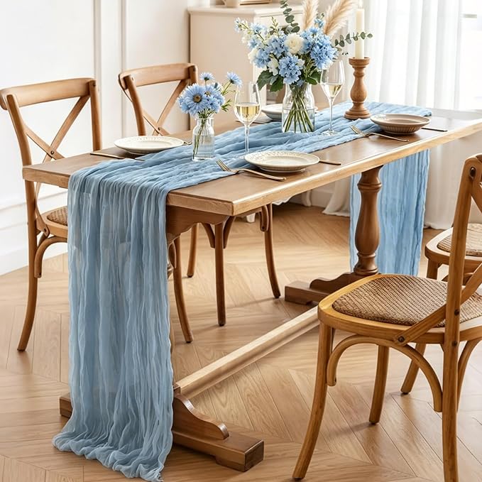 3Pcs Blue Table Runner, 10FT Boho Dust Blue Cheesecloth Table Runners 35*120inch - Image 3