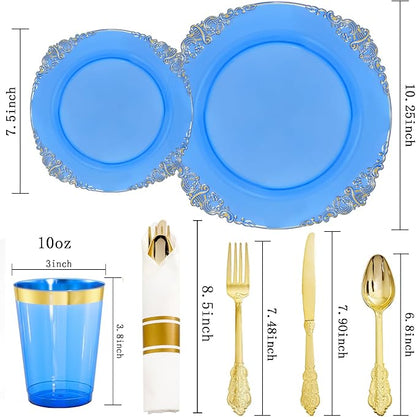 Hioasis 210pcs Blue and Gold Plates - Blue Party Plates for 30 Guest, Include 60 Heavy-duty Plates(20% Thicker Than Standard), 30 Pre Rolled gold Plastic goldware Set, 30 Cups