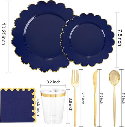 LIYH 210 Pcs Navy Blue Plates - Blue and Gold Plastic Scalloped Heavyduty Plates Disposable Dinnerware set, Gold Plastic Silverware for Wedding & Party 30 Guests