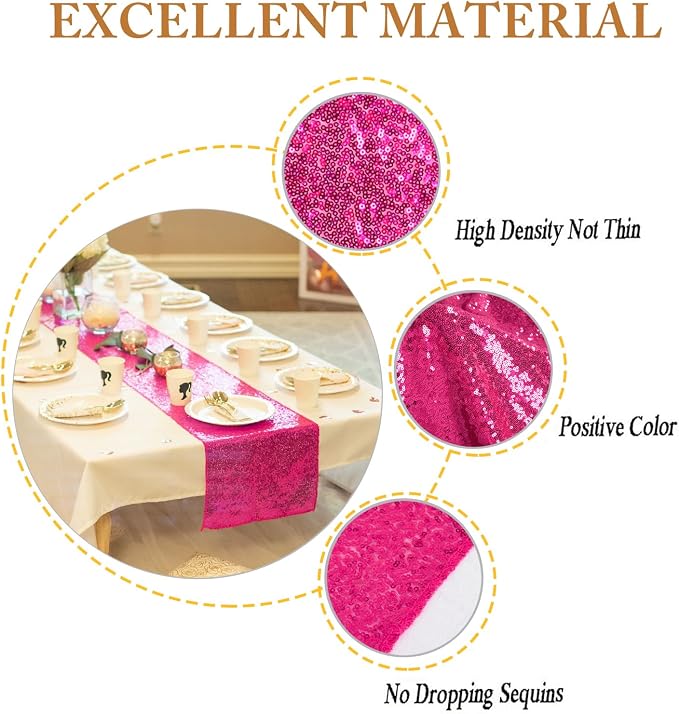 ShinyBeauty Sequin Table Runner Hot Pink 12x72 Inch Sparkly Metallic Runners - Image 3
