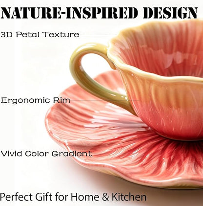 10 oz Tea Cups and Saucers, Flower-Shaped Ceramic Latte Art Cappuccino Cup and - Image 3