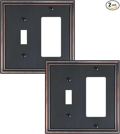 2-Pack Combo Toggle/Decorator Light Switch Cover Plate, Aged Bronze Decorative Electrical Outlet Covers, Durable Solid Zinc Alloy Wall Switch Plates and Outlet Covers