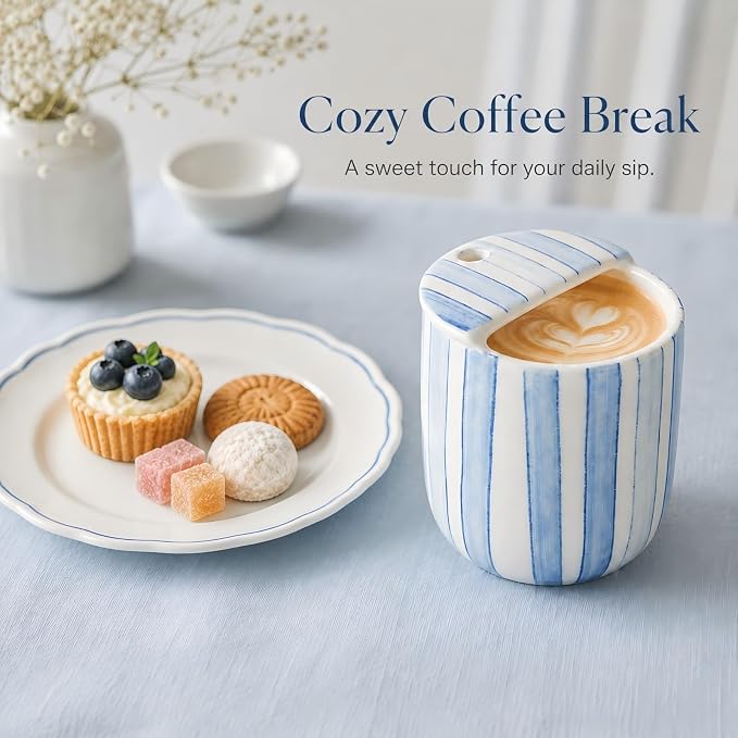 Ceramic Mug with Sip Hole 10 oz Novelty Blue Striped Ceramic Ice Coffee Mug - Image 5