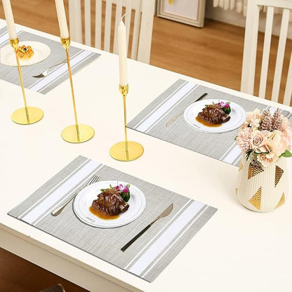 DACHUI Placemats Set of 8, Soft & Elegant Woven Vinyl Place Mats, Water Resistant, Heat Resistant, Washable, Durable Table Mats (White Stripes)