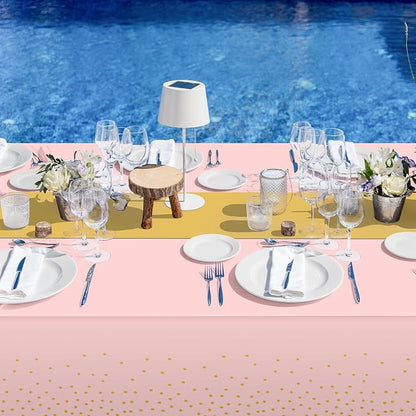 16Pack Disposable Plastic Tablecloths and Satin Table Runner Set Pink and Gold - Image 6