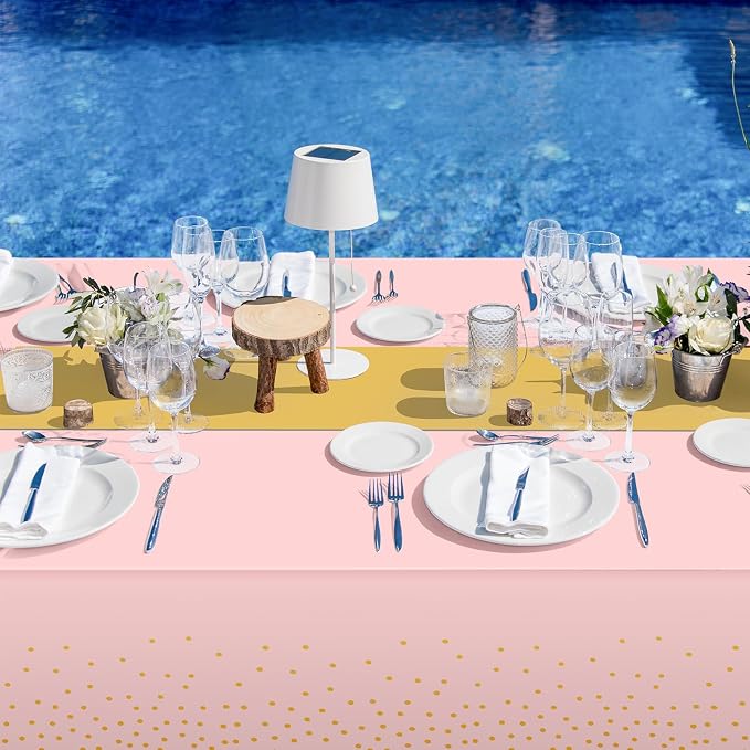 8Pack Disposable Plastic Tablecloths and Satin Table Runner Set Pink and Gold - Image 6