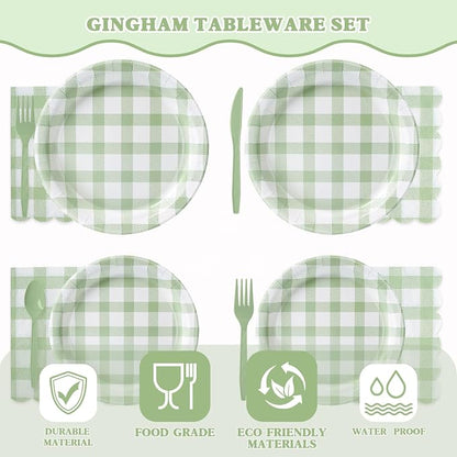 Vyntra 175 Pcs Sage Green & White Checkered Gingham Paper Plates and Napkins Set - Image 3